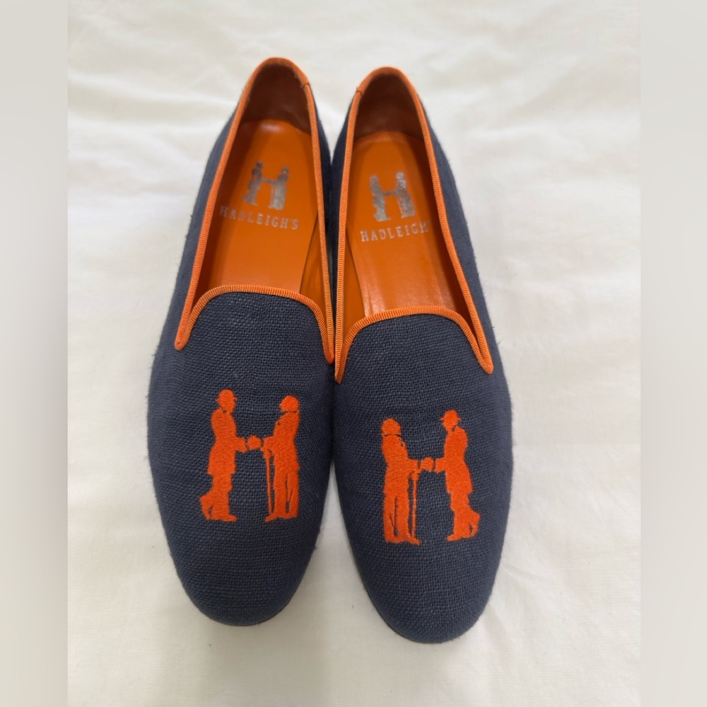 Hadleigh’s AUTHENTIC Navy and Orange Embroidered Loafers